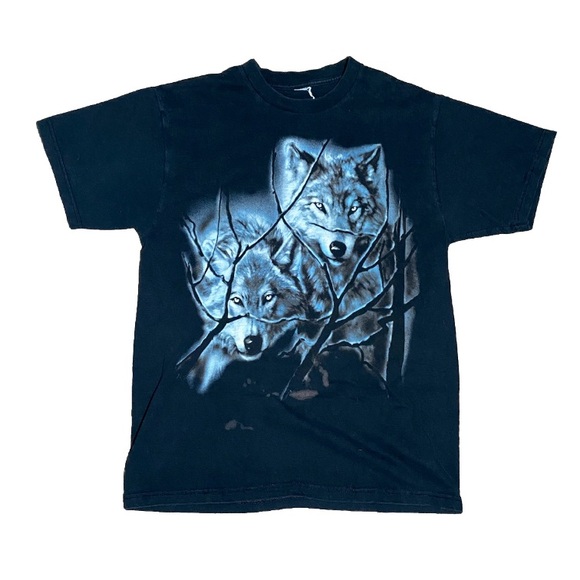 Vintage 90s Double Wolf Graphic Nature Tee Single Stitch Black - Picture 1 of 6
